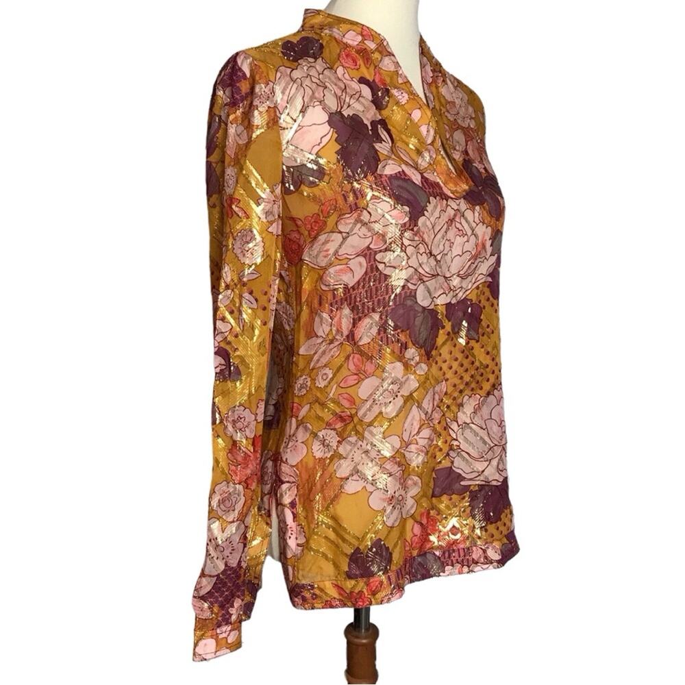 Tory Burch Metallic Silk Gold Orange Yellow Long Flutter Sleeve Tunic Blouse 6 - Picture 4 of 13